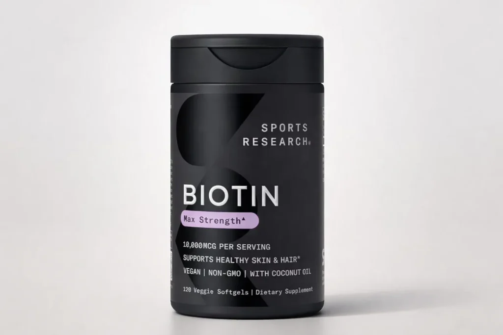 Best hair growth vitamins featuring a biotin supplement designed to support healthy hair, skin, and nails