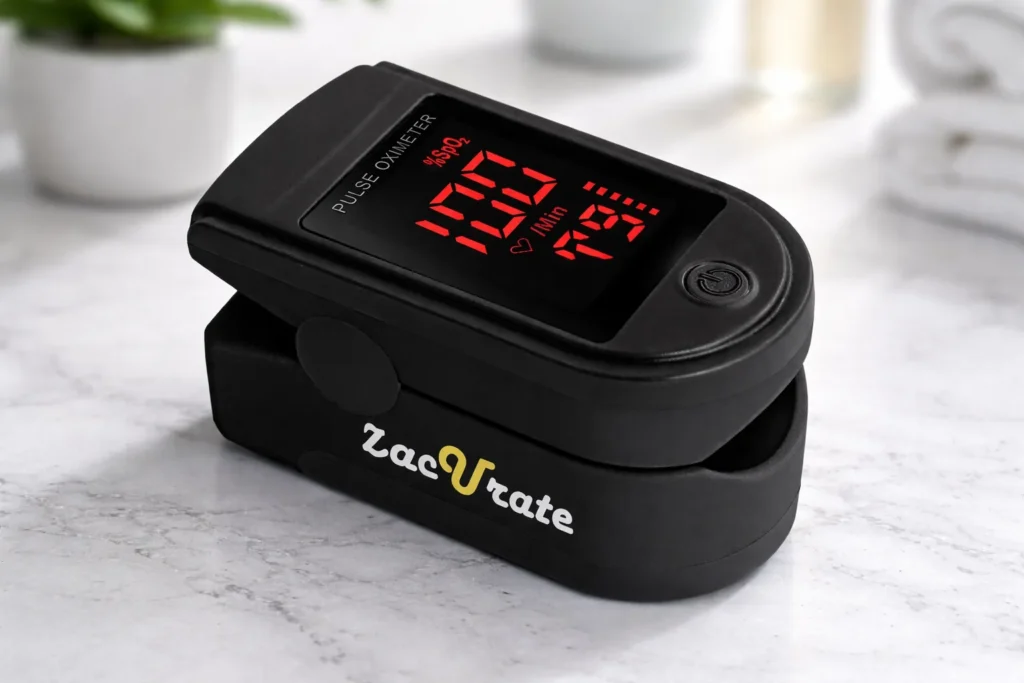 best rated pulse oximeter fingertip device showing oxygen saturation and heart rate