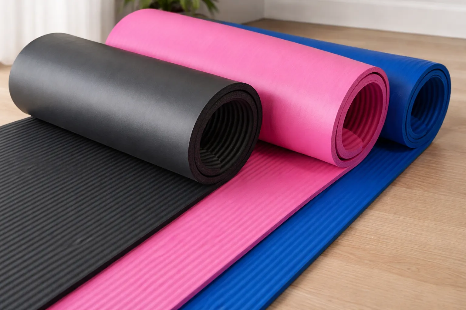 Best yoga mat in black, pink, and blue with non-slip textured surface for home and hot yoga practice