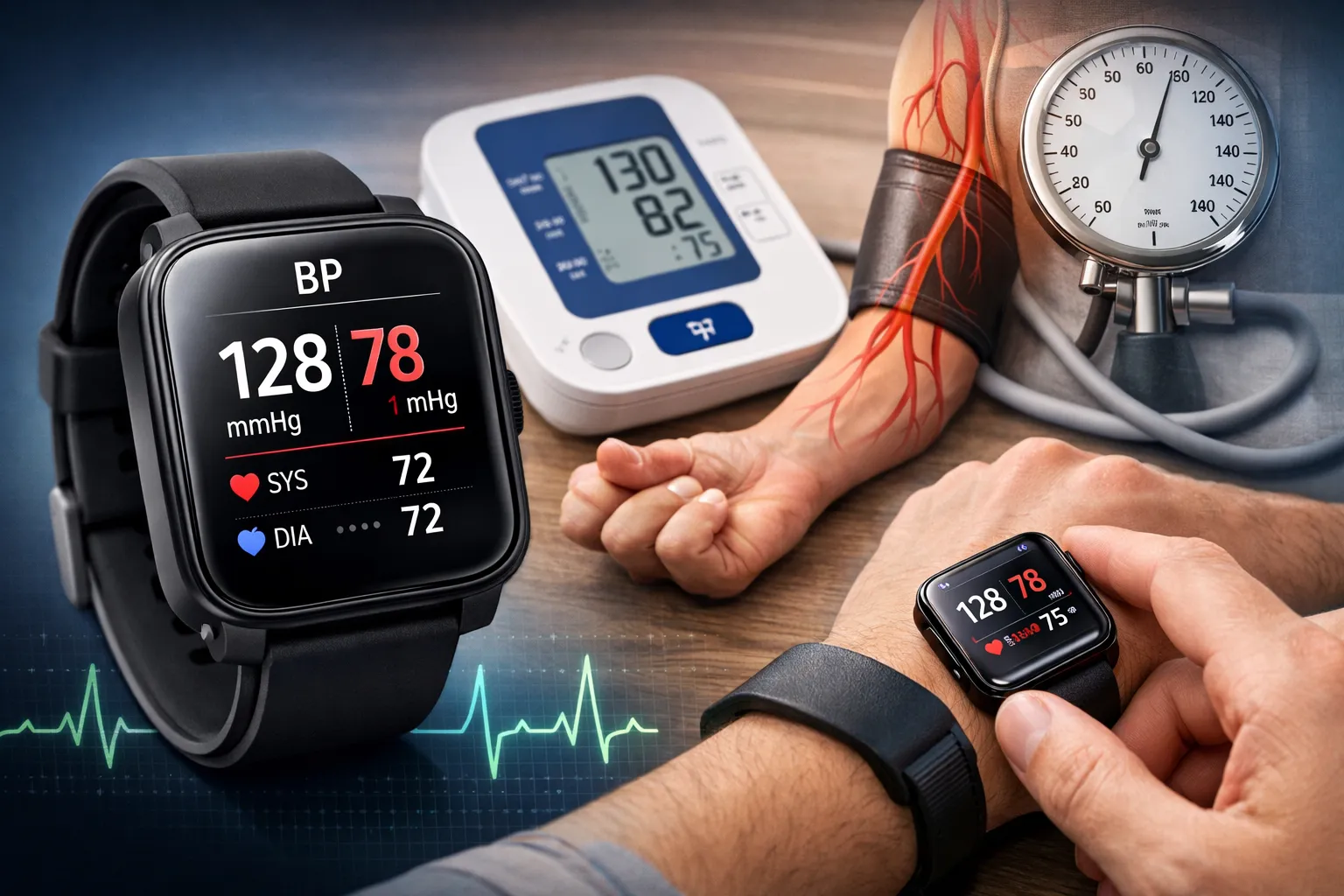 Can a smartwatch measure blood pressure shown on a wearable device compared to a traditional blood pressure monitor