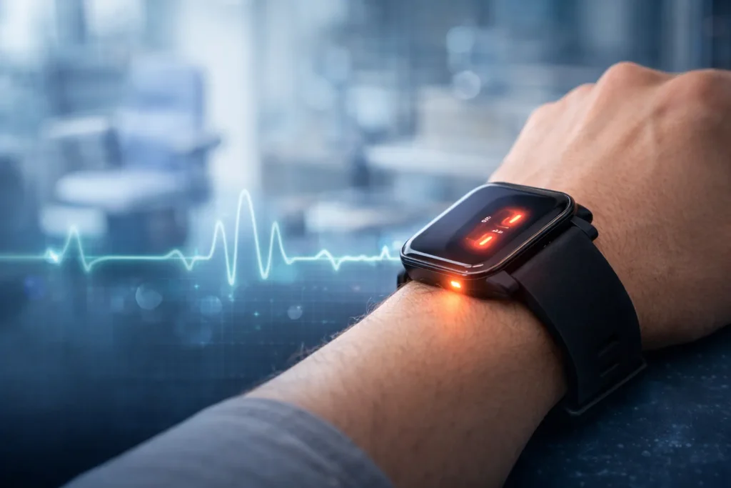 Can a smartwatch really measure blood pressure shown on a wrist with glowing optical sensor tracking pulse