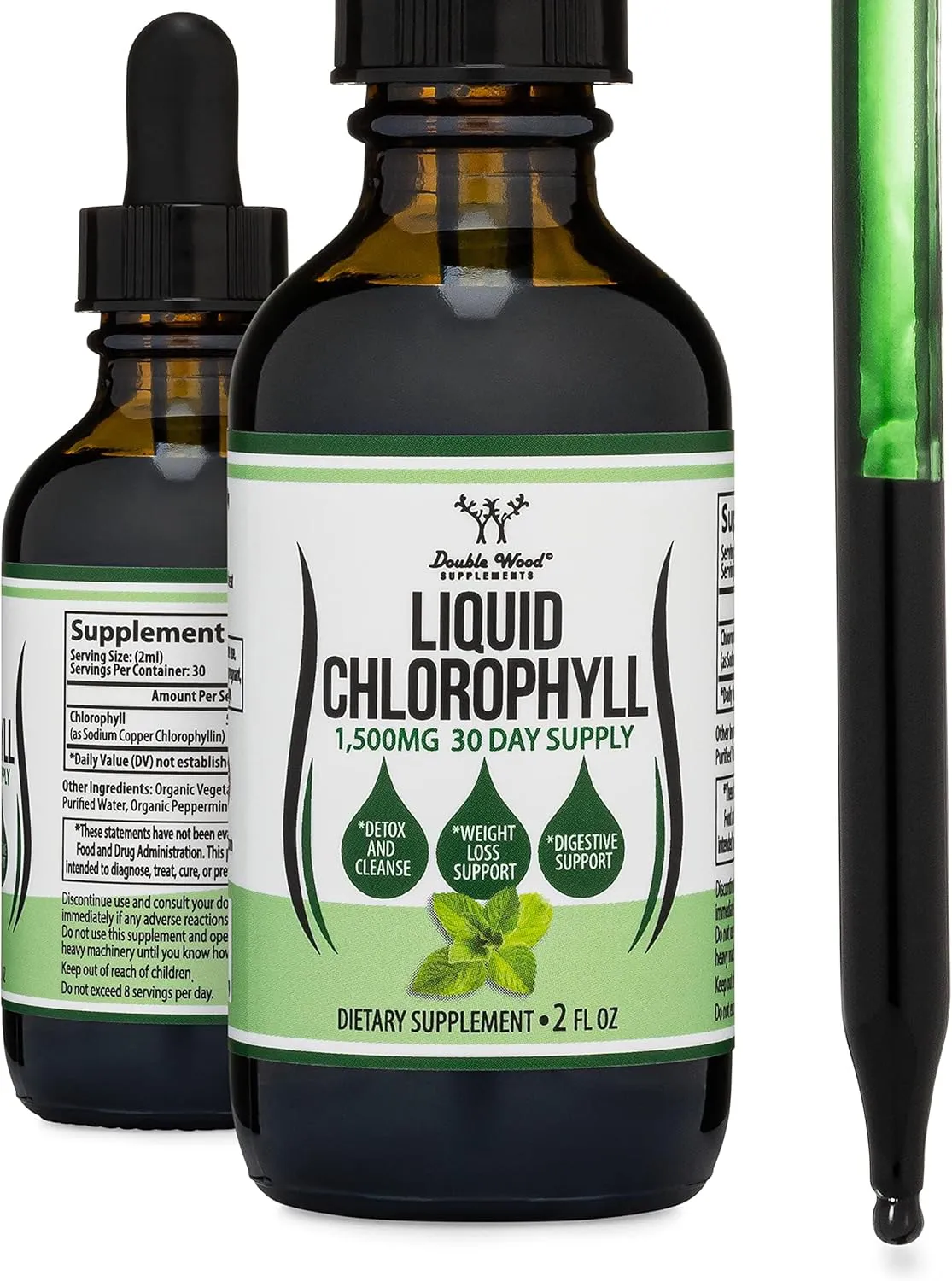 Chlorophyll liquid drops by Double Wood for digestion, gut health, energy support, and detox with peppermint flavor