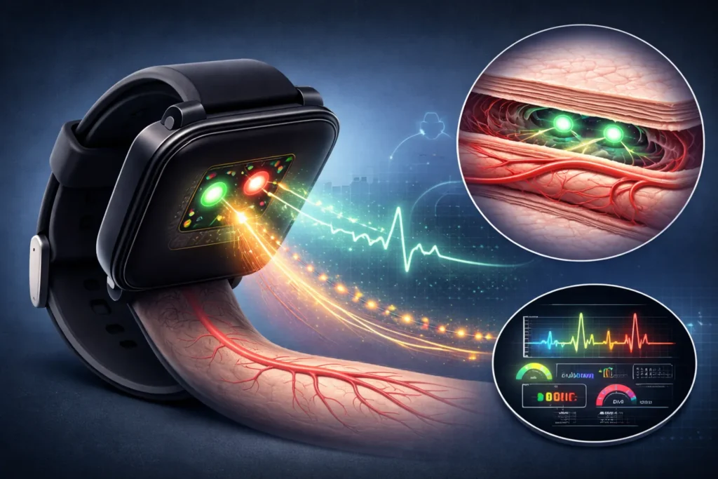 How can a smartwatch measure blood pressure using optical sensors and pulse wave analysis on the wrist