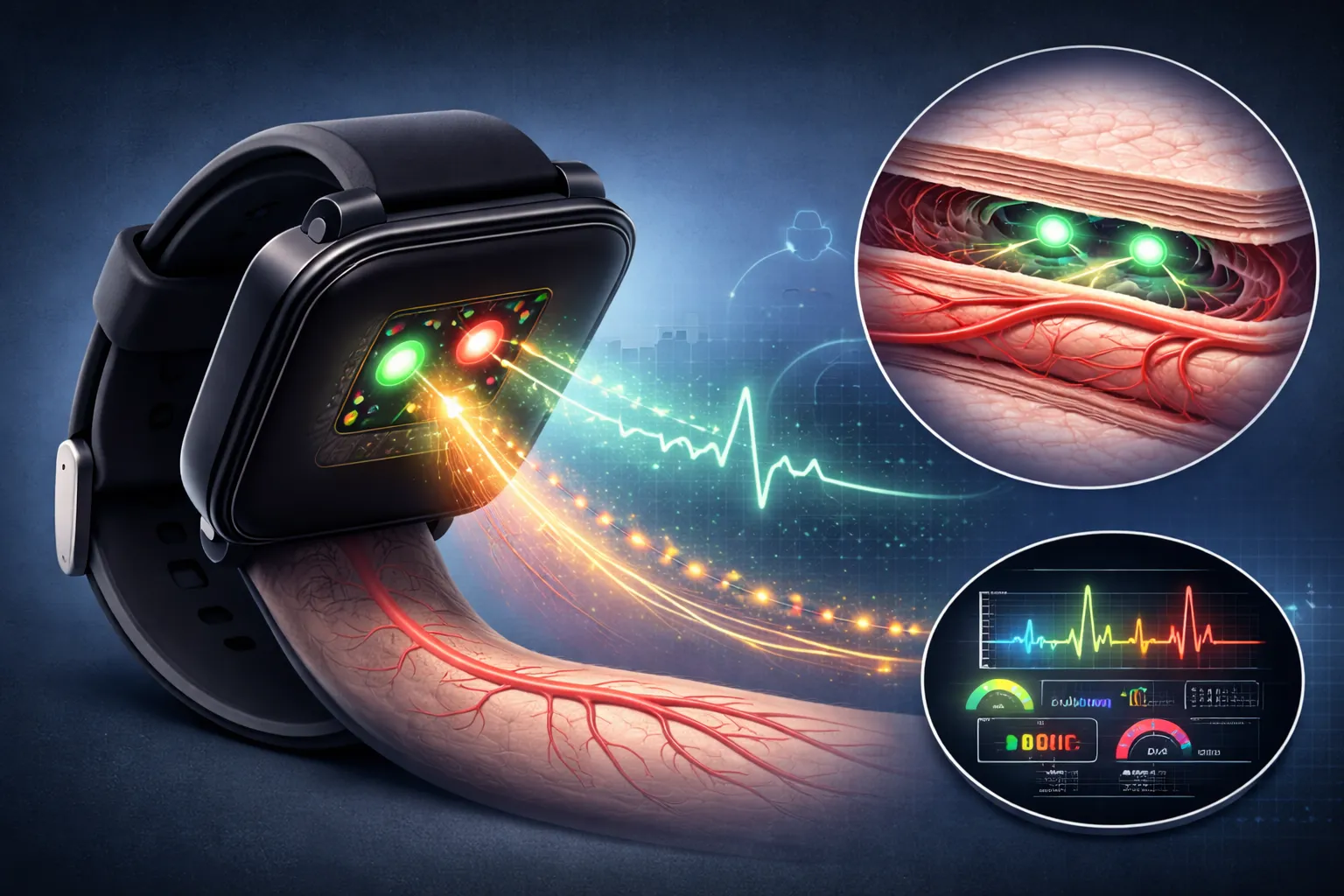 Optical sensor on the underside of a smartwatch, the technology behind cuffless blood pressure estimates