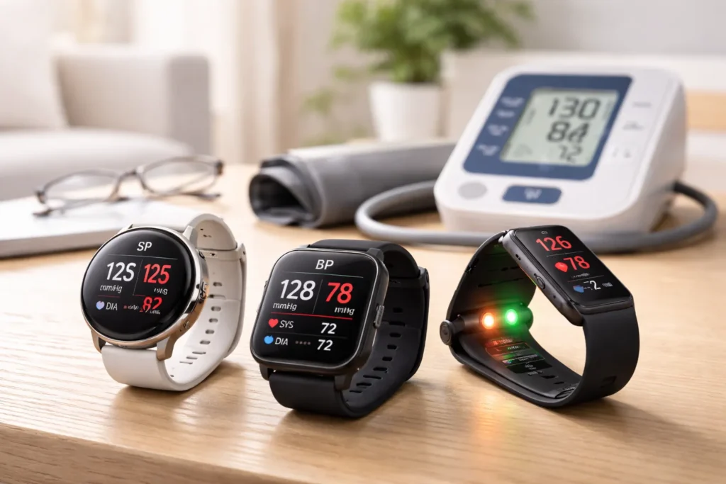 Is there a smartwatch that can measure blood pressure shown with multiple wearable devices on a table