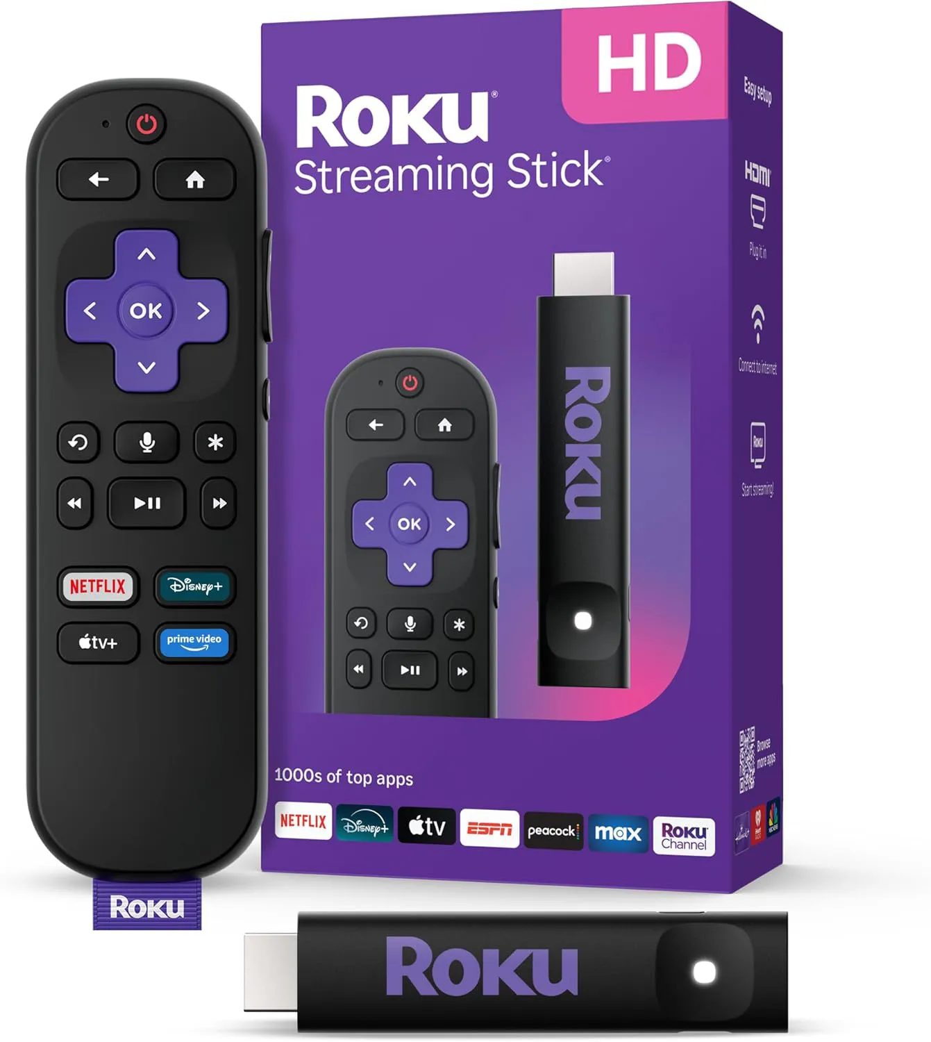 Roku Streaming Stick HD 2025 plugged into TV HDMI port with Roku Voice Remote for HD streaming and free live TV
