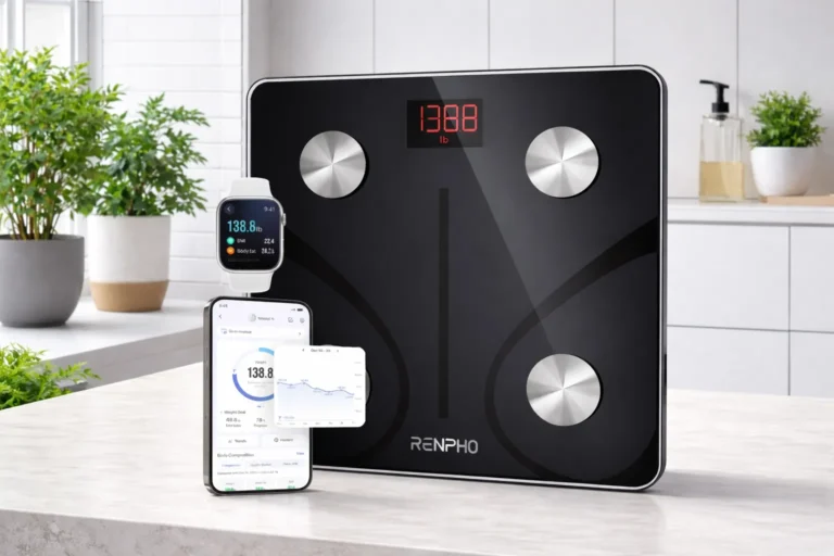 Smart scale for body composition showing weight and health metrics with mobile app