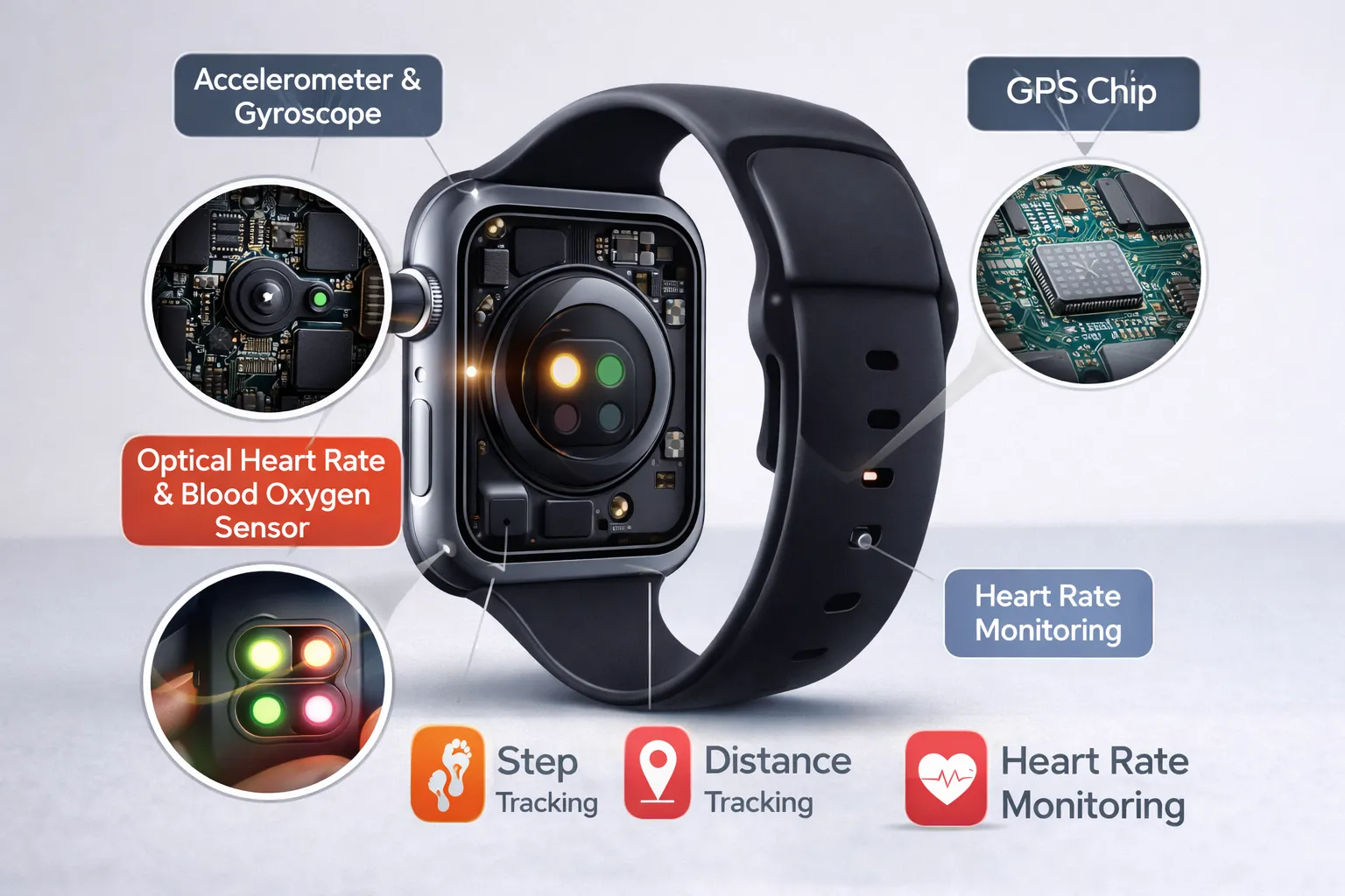 Cutaway of the sensors inside a smartwatch: heart-rate monitor, GPS chip and accelerometer