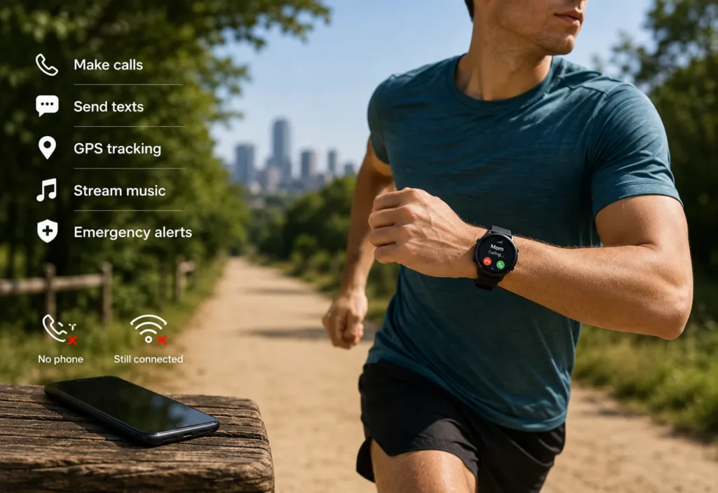 Runner using an LTE smartwatch without a phone, showing smartwatch plan features including calling, texting, GPS tracking, and mobile connectivity.