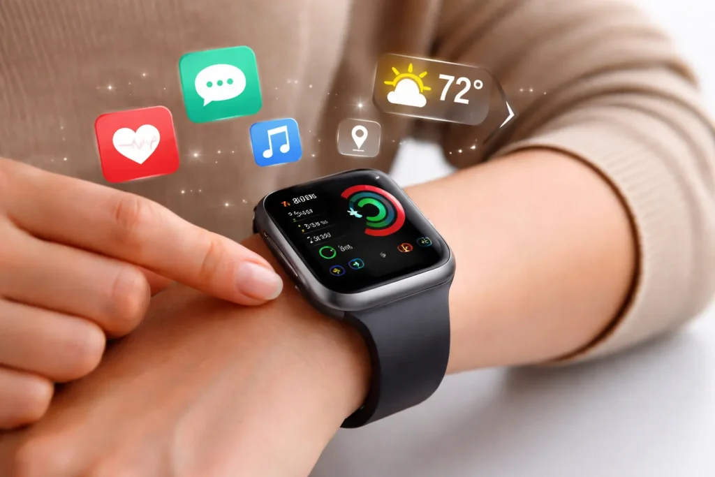 what does a smartwatch do – smartwatch displaying heart rate, steps, notifications, and weather apps