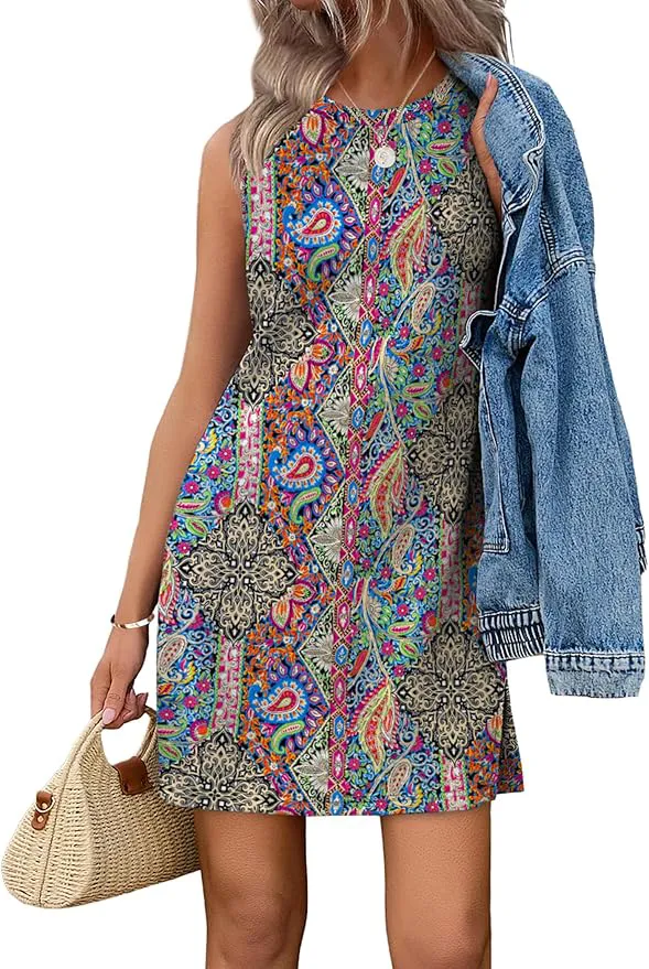 WIHOLL casual dress for women sleeveless crewneck tank dress summer boho vacation outfit