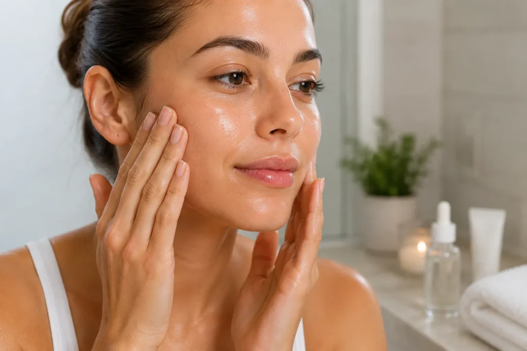 woman applying hyaluronic acid and vitamin c serum during skincare routine