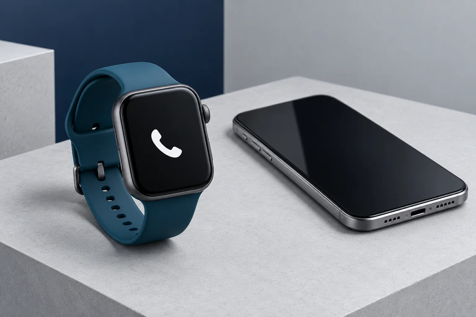 Teal-banded smartwatch with a call icon beside a smartphone on a gray studio surface