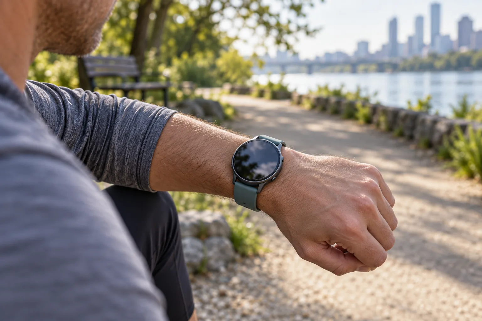 Runner wearing a teal-banded smartwatch on an urban park trail
