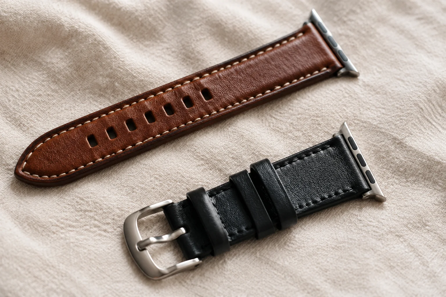 Leather watch band stitching, buckle and Apple Watch connectors in close-up