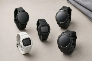 Mens Sport Watches in black and white arranged beside a gray training towel