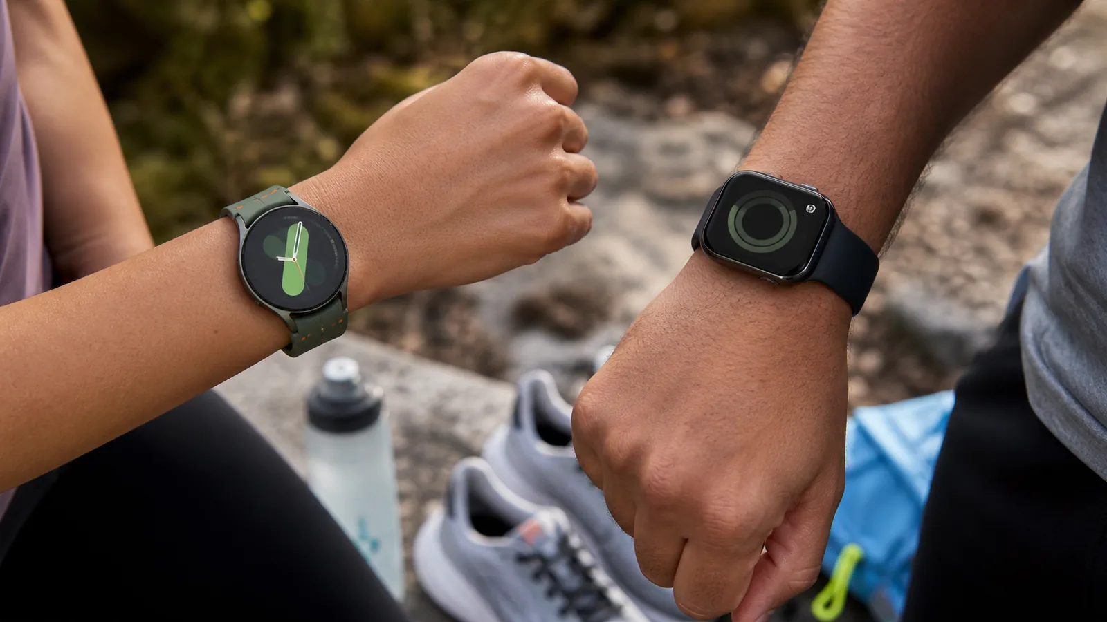 Galaxy Watch 7 and Apple Watch Series 10 shown with outdoor fitness gear