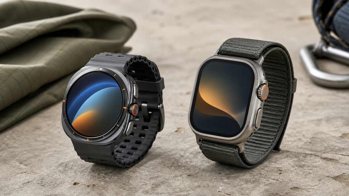Galaxy Watch Ultra and Apple Watch Ultra shown together in an editorial smartwatch comparison