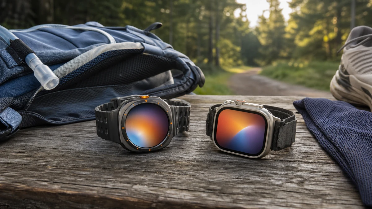 Galaxy Watch Ultra and Apple Watch Ultra beside outdoor fitness gear