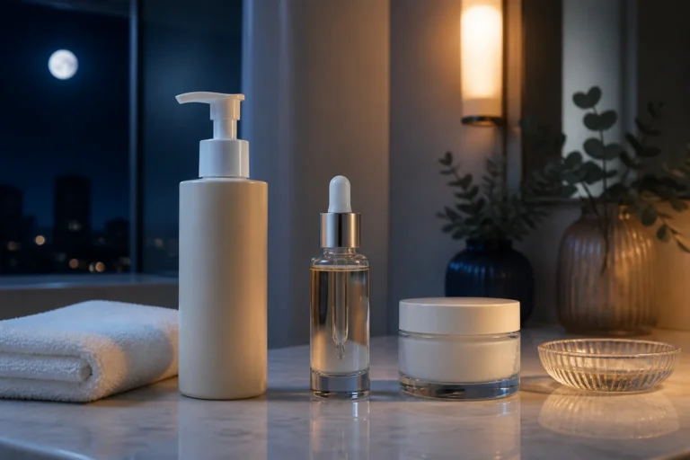 Night skincare routine order with cleanser, serum, and moisturizer