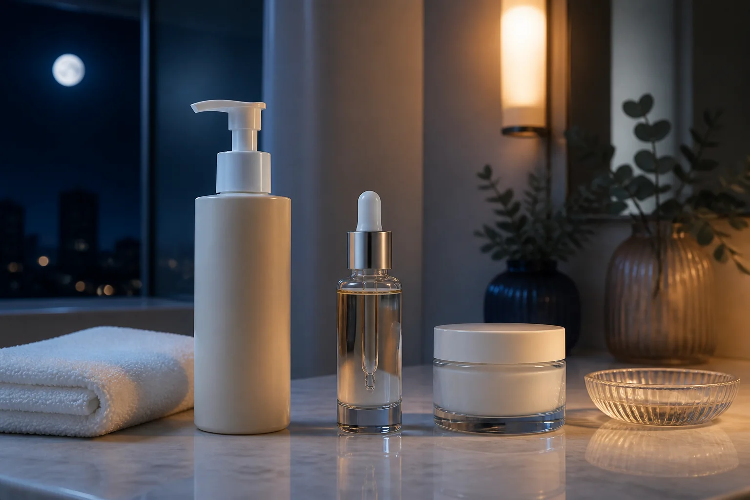 Night skincare routine order with cleanser, serum, and moisturizer