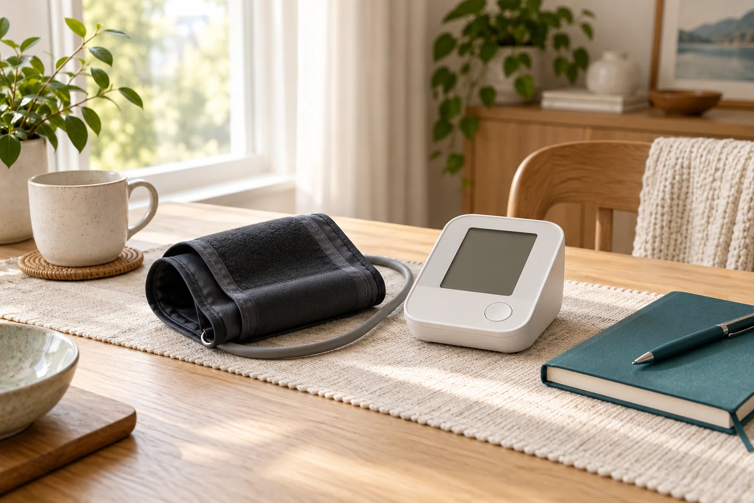 Upper-arm blood pressure cuff and monitor beside a notebook on a home table