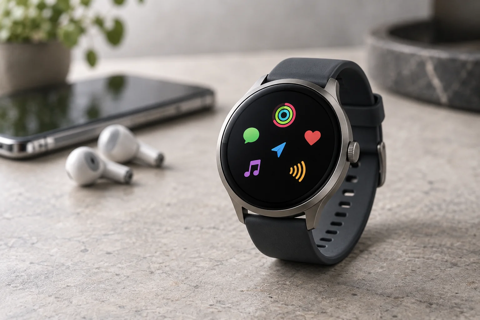 Smartwatch screen showing fitness, notification, navigation and music features side by side